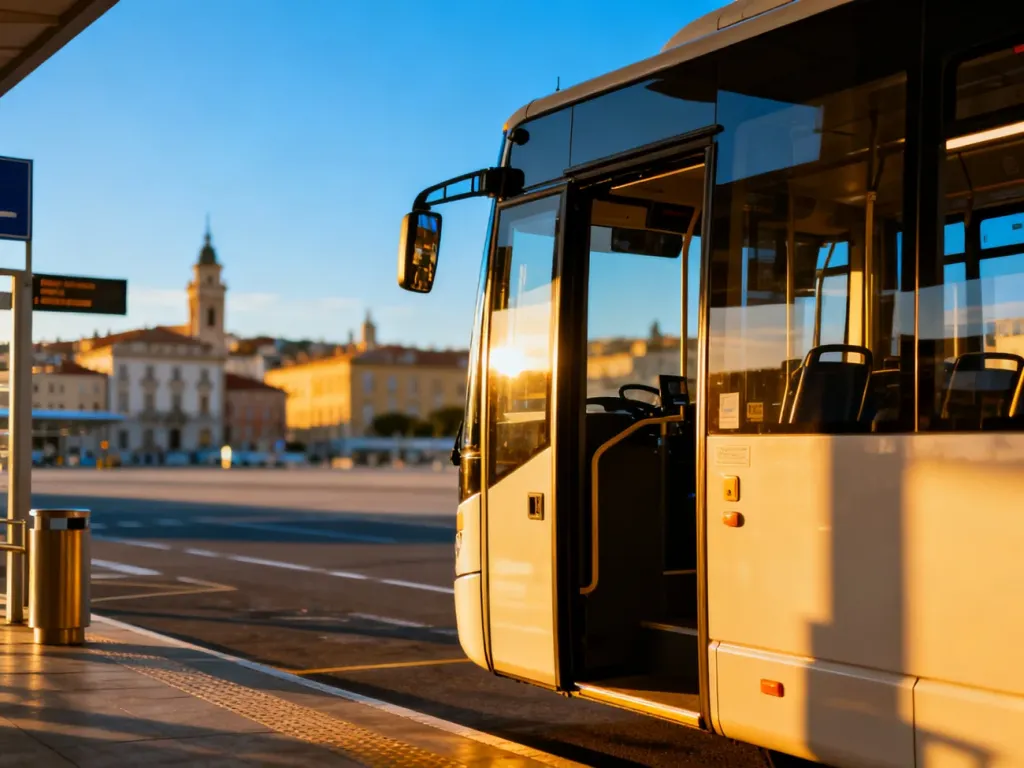 Nowoczesny autobus lotniskowy z otwartymi drzwiami, czekający na pasażerów w słoneczny dzień.