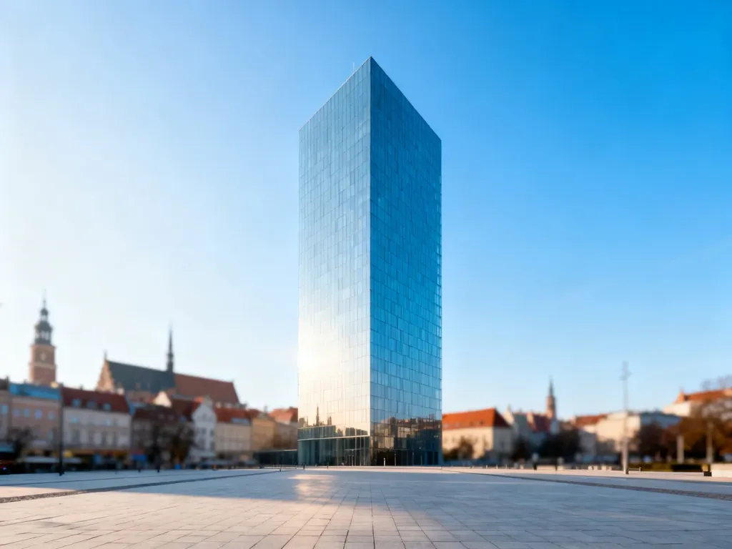 Nowoczesny szklany wieżowiec wznoszący się nad Wrocławiem na tle błękitnego nieba i miejskiej zabudowy.