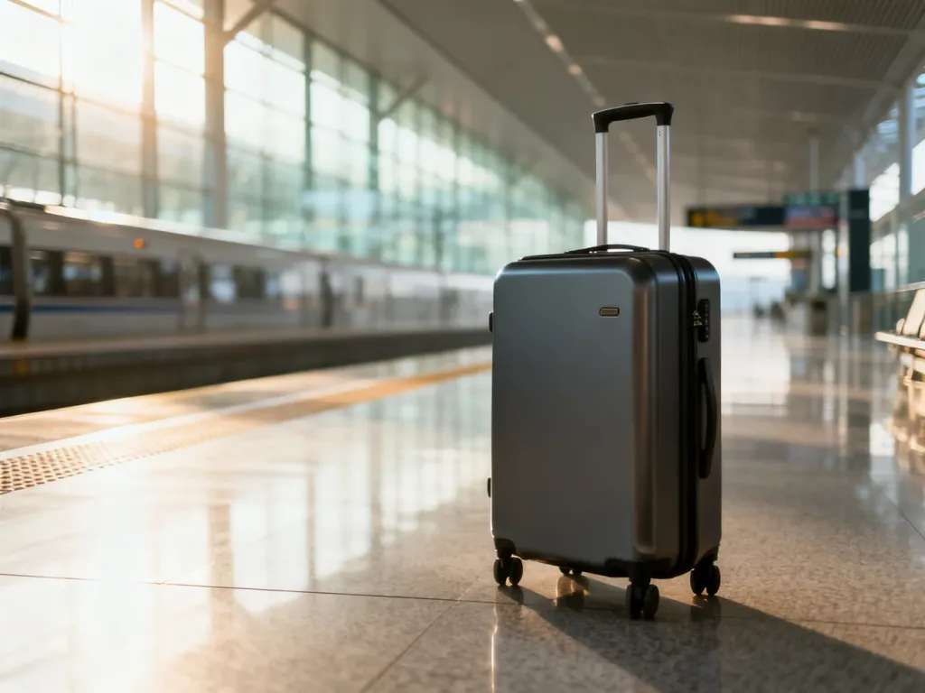 Nowoczesna walizka na tle peronu kolejowego na lotnisku Fiumicino, sugerująca wygodny dojazd do centrum Rzymu.