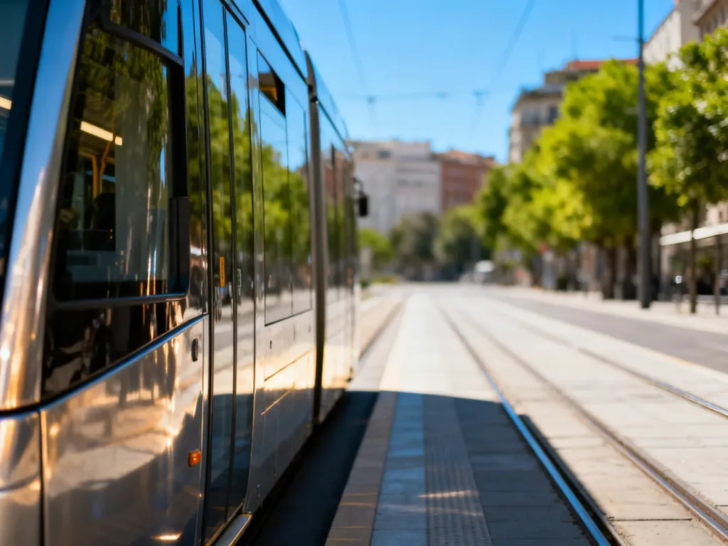 Nowoczesny tramwaj przejeżdżający przez słoneczne ulice Krakowa, symbolizujący miejską komunikację.