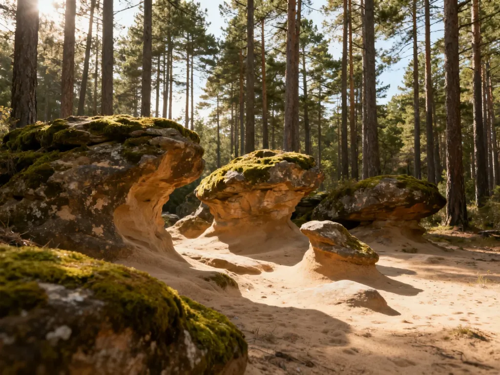 Malownicze formacje skalne z piaskowca otoczone wysokimi sosnami w lesie pod Niekłaniem.