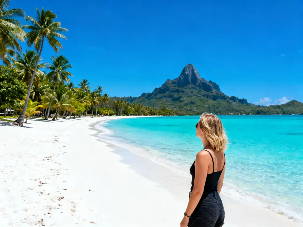 Kobieta podziwiająca turkusową lagunę na tle piaszczystej plaży i egzotycznego krajobrazu Mauritiusa.