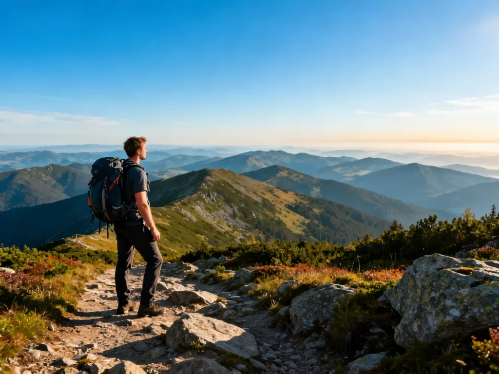 Turysta z plecakiem podziwia panoramę Karkonoszy na skalistym szlaku w słoneczny dzień.