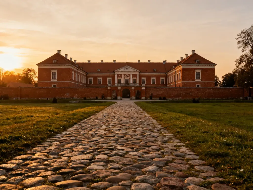Dziedziniec Zamku Janów Podlaski w ciepłym świetle zachodzącego słońca, podkreślającym zabytkową architekturę ceglanego obiektu.