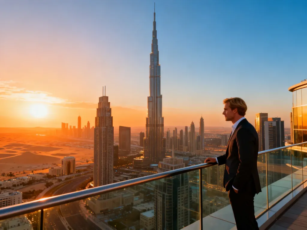 Mężczyzna w stroju biznesowym podziwia panoramę Dubaju z tarasu widokowego na tle wieżowca Burdż Chalifa o zachodzie słońca.