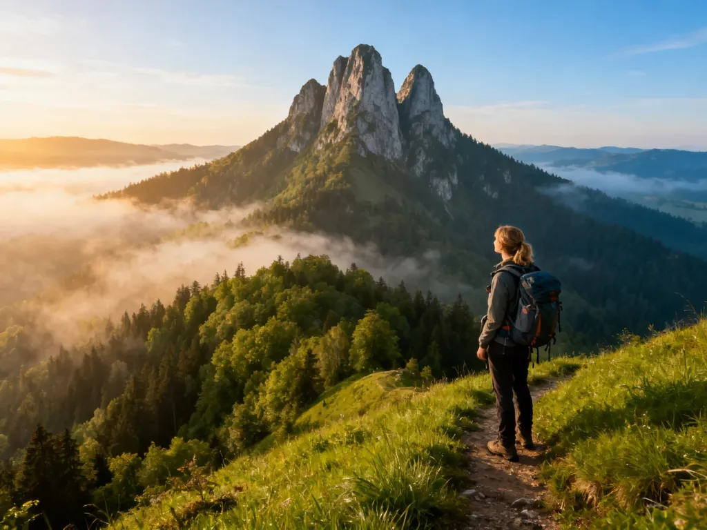 Turystka w stroju trekkingowym podziwia panoramę Trzech Koron w Pieninach o poranku.