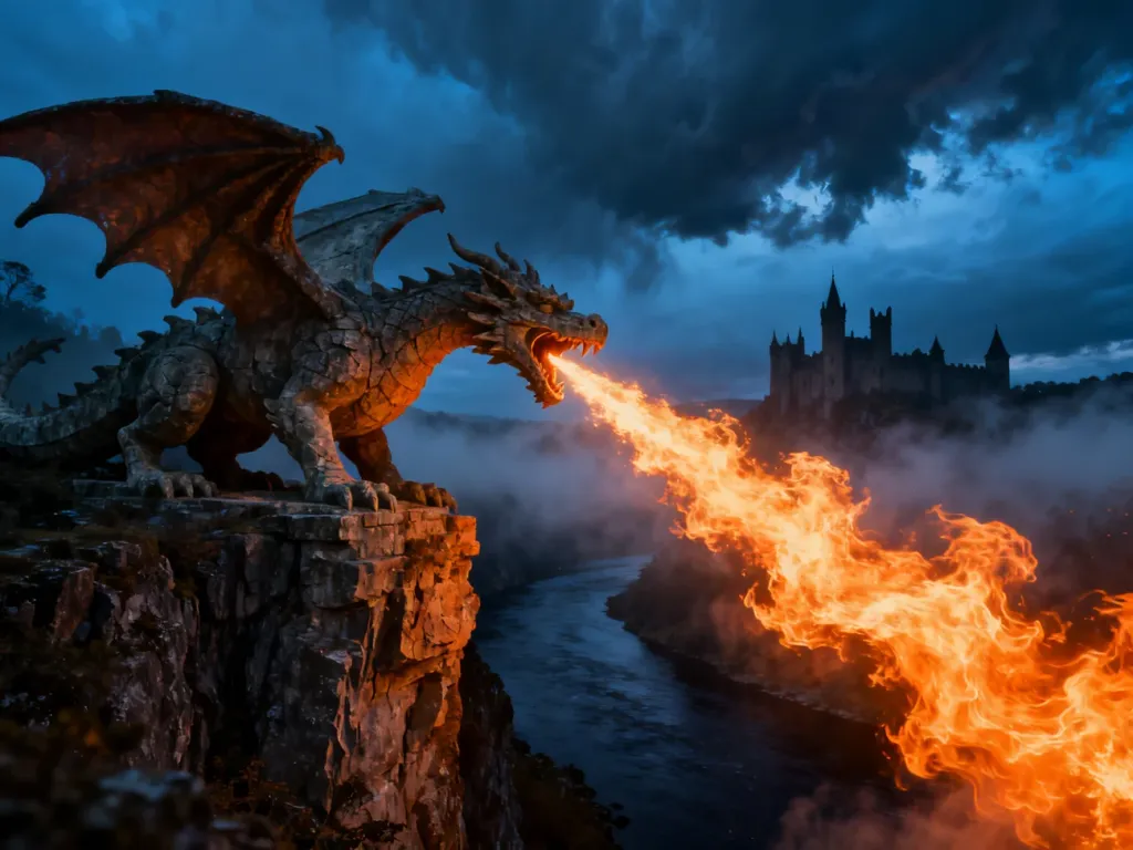 Kamienna rzeźba smoka wawelskiego ziejąca magicznym ogniem nad rzeką o zmierzchu, na tle zarysu średniowiecznego zamku.