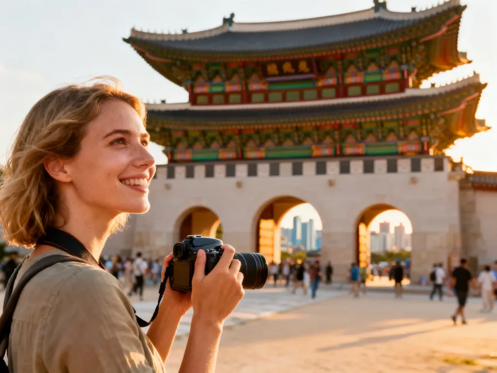 Turystka z aparatem podziwia bramę pałacu Gyeongbokgung w Seulu w blasku zachodzącego słońca.