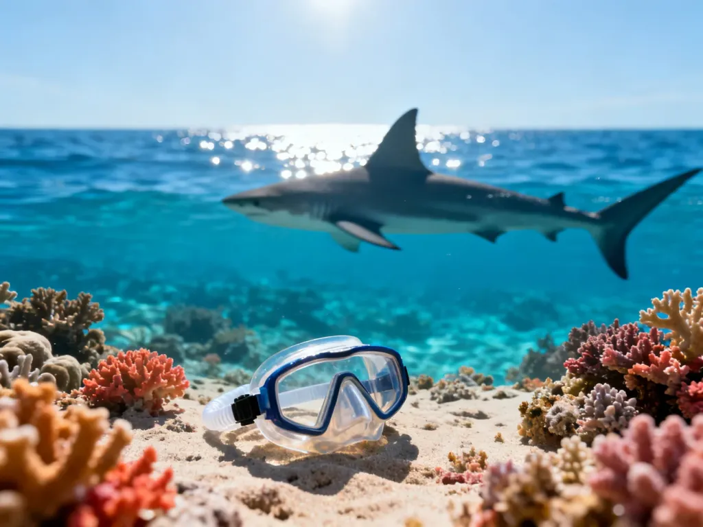Maska do snorkelingu na dnie morza z widoczną w oddali płetwą rekina w krystalicznie czystej wodzie.