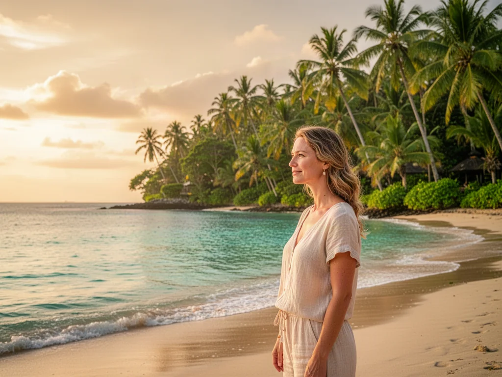 Kobieta podziwiająca turkusowy ocean na tropikalnej plaży na Bali podczas zachodu słońca.
