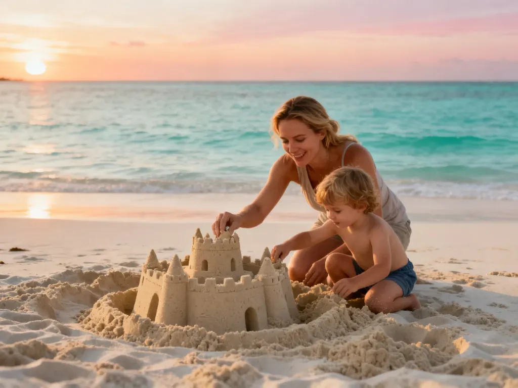 Mama z dzieckiem budujący zamek z piasku na plaży podczas zachodu słońca, idealne miejsce na rodzinny wypoczynek nad morzem.