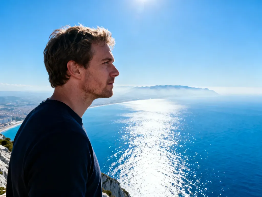 Mężczyzna podziwiający panoramę Cieśniny Gibraltarskiej z widocznym w oddali wybrzeżem Afryki.