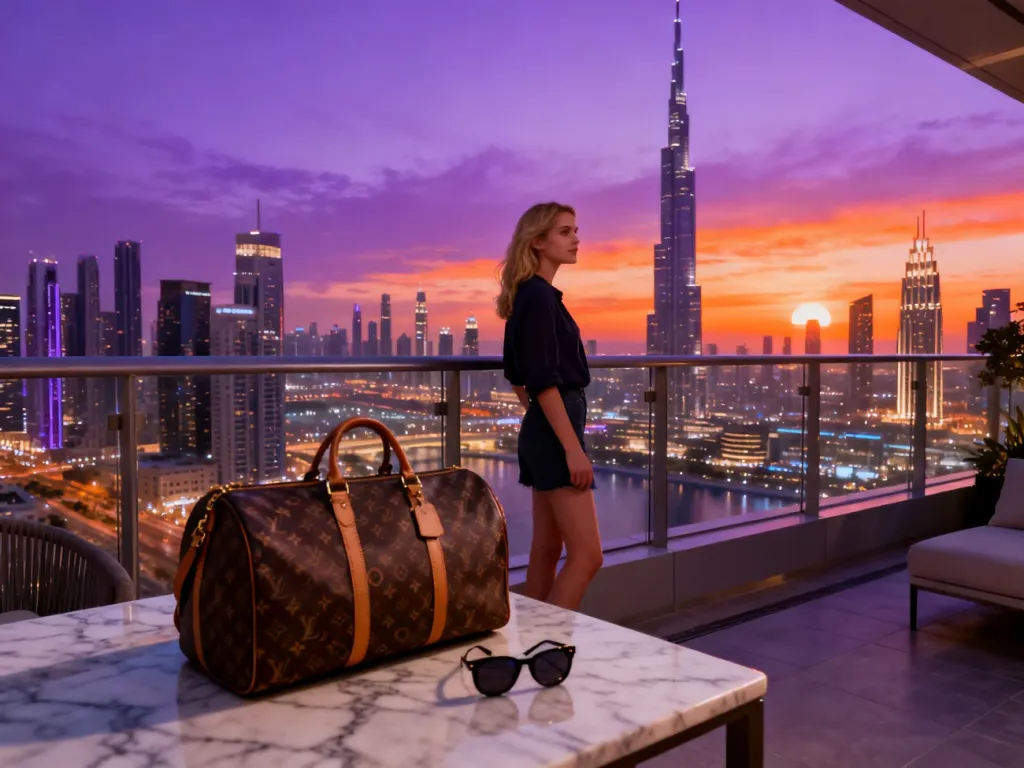 Kobieta na balkonie z widokiem na panoramę Dubaju o zachodzie słońca, obok luksusowa torba podróżna i okulary przeciwsłoneczne.