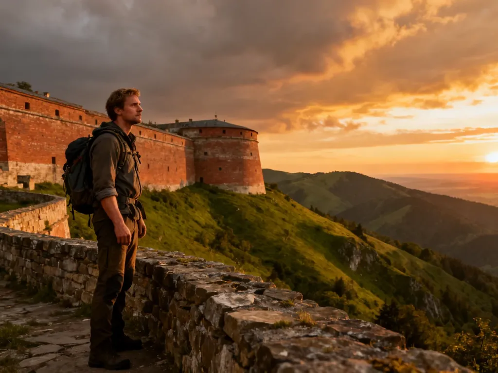 Turysta podziwiający panoramę gór z murów Twierdzy Srebrna Góra podczas zachodu słońca.