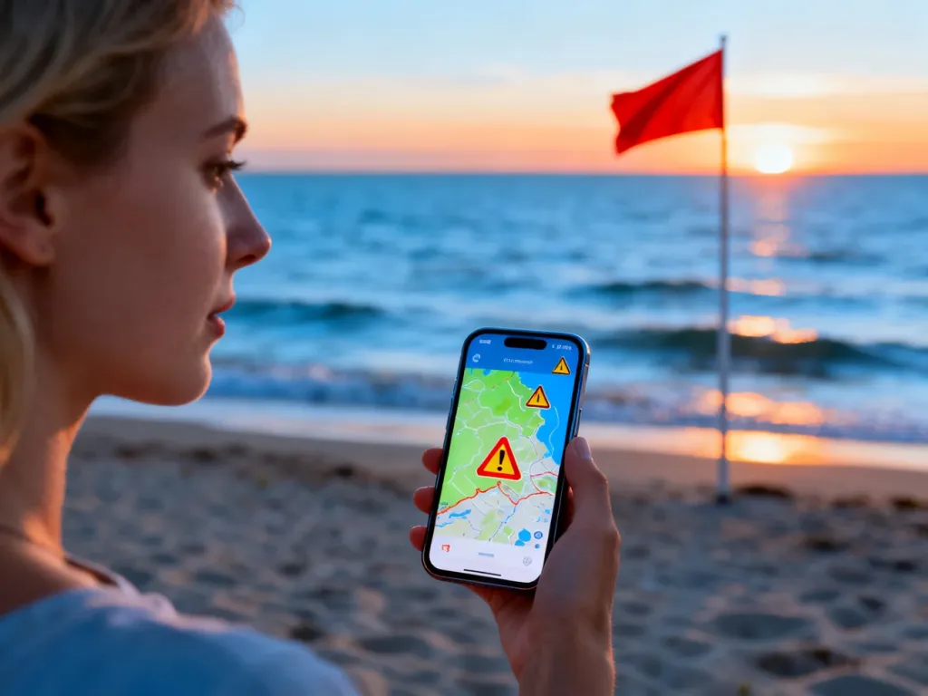 Kobieta sprawdza na smartfonie mapę z ostrzeżeniami o stanie kąpieliska na tle plaży z czerwoną flagą.