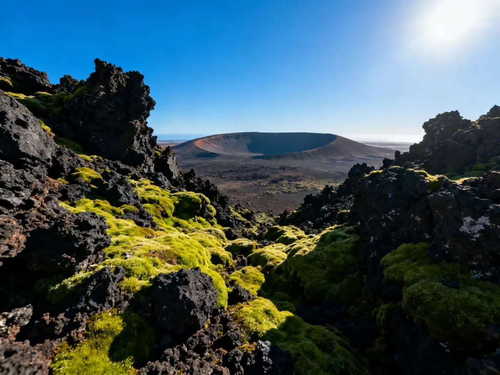 Panoramiczny widok na surowy, wulkaniczny krajobraz Lanzarote z czarnymi skałami i odległym kraterem pod błękitnym niebem.