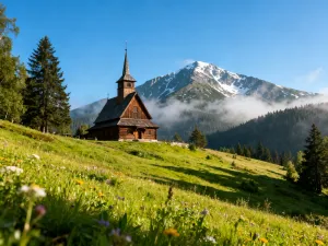 Panoramiczny widok na oświetlone wschodzącym słońcem szczyty Dolomitów oraz kwitnącą alpejską łąkę ze szlakiem turystycznym.