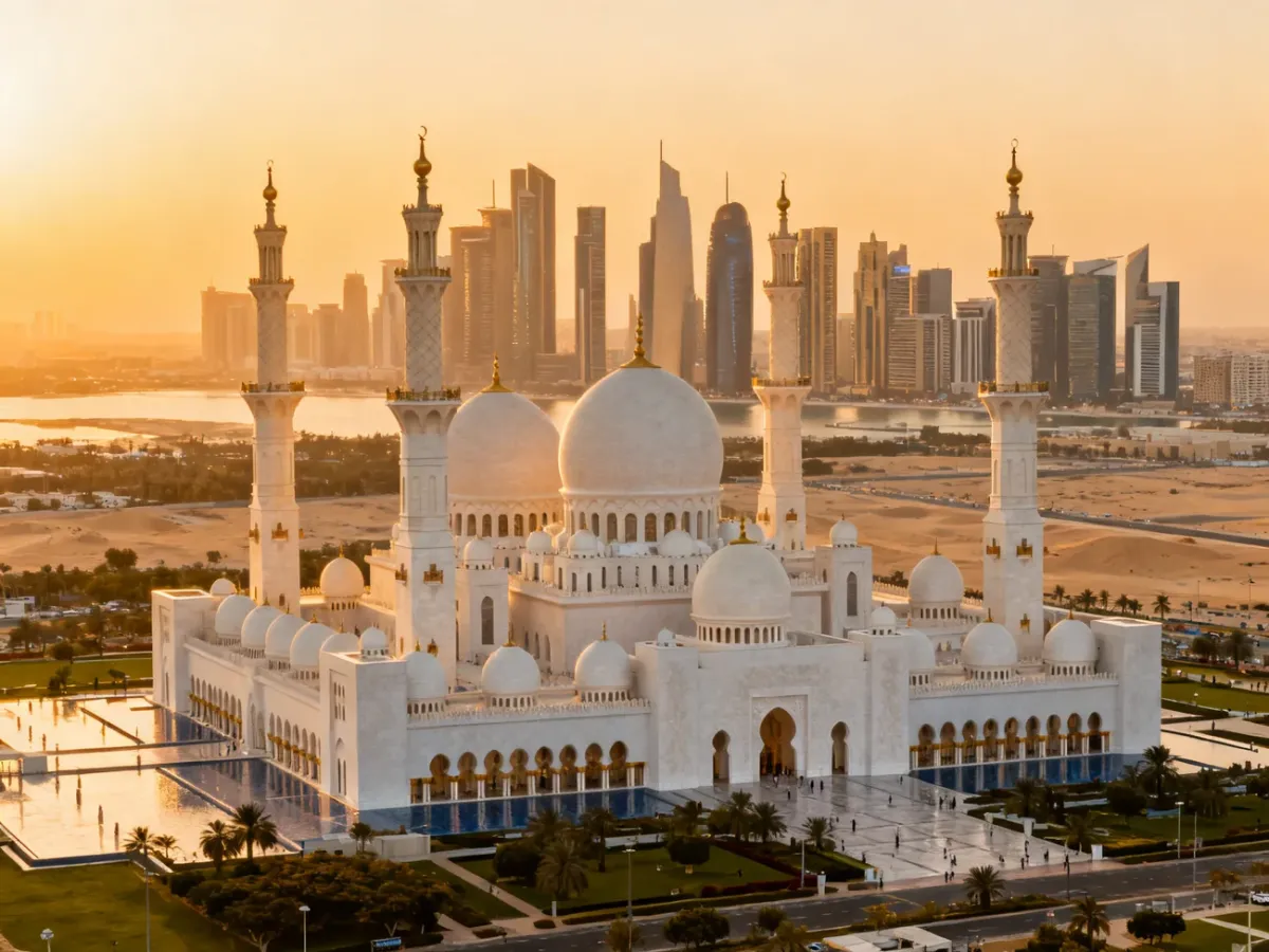 Panorama Abu Dhabi z Wielkim Meczetem Szejka Zayeda i wieżowcami w tle