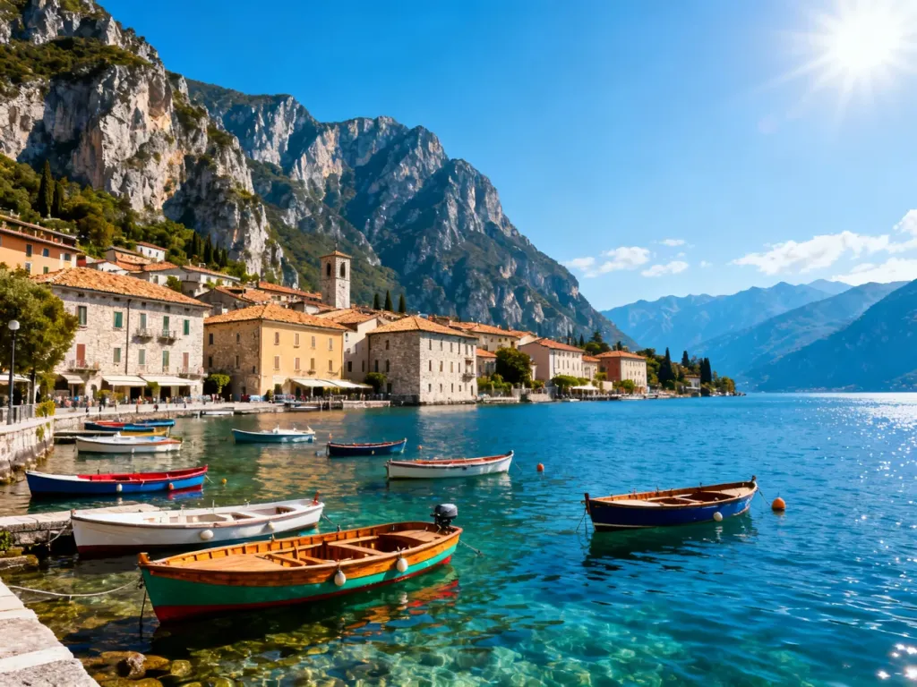 Panoramiczny widok na Riva del Garda z kolorowym portem, zabytkową zabudową i górami w tle nad jeziorem Garda.