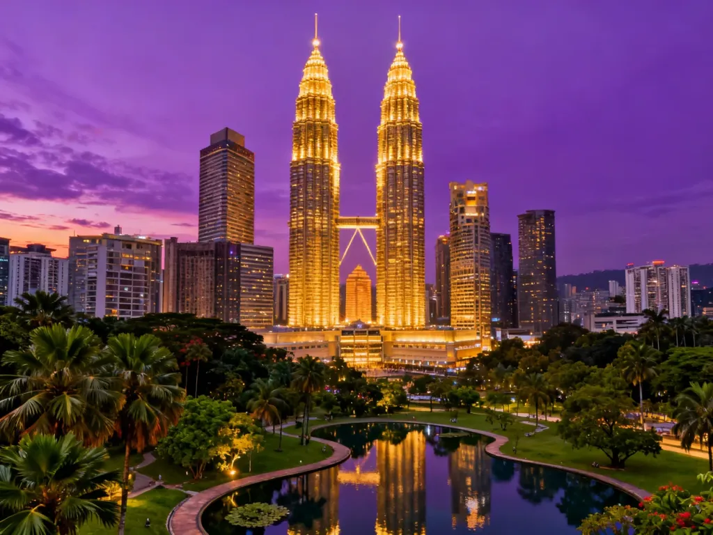 Widok z lotu ptaka na oświetlone wieże Petronas Twin Towers w Kuala Lumpur o zachodzie słońca na tle parku.