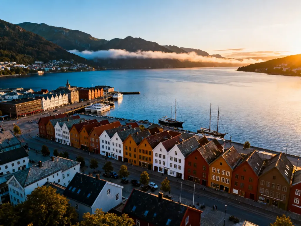 Widok na kolorowe domy Bryggen w Bergen o zachodzie słońca, z malowniczym fiordem i górami w tle.