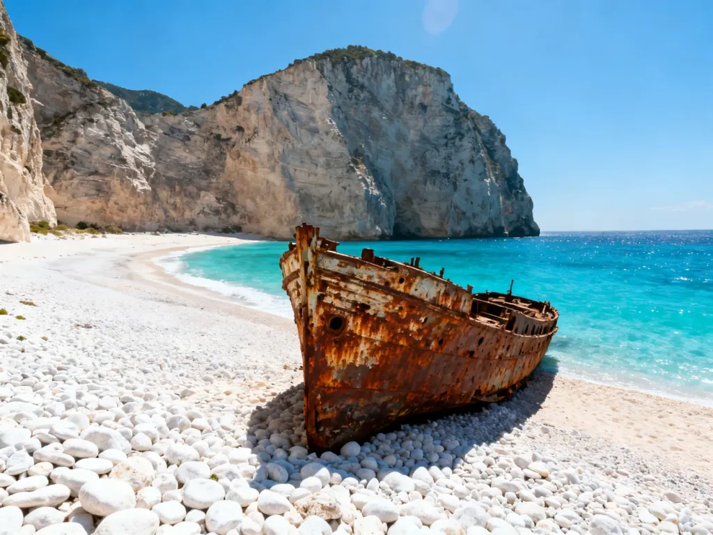 Plaża Navagio na Zakynthos z wrakiem statku na tle turkusowej wody i wysokich wapiennych klifów.