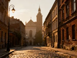 Widok na Twierdzę Kłodzko, zabytkowy most z rzeźbami oraz kolorowe kamienice starego miasta w blasku zachodzącego słońca.