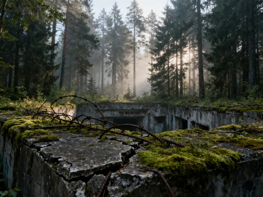 Zarośnięte mchem i otoczone mglistym lasem ruiny bunkrów w Wilczym Szańcu, ukazujące skalę historycznych fortyfikacji.