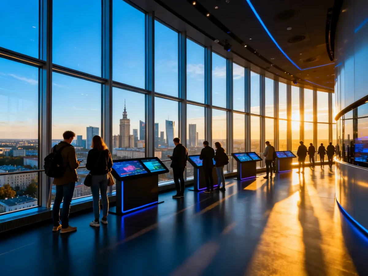 Wnętrze Highline Warsaw z odwiedzającymi i panoramą Warszawy za oknami