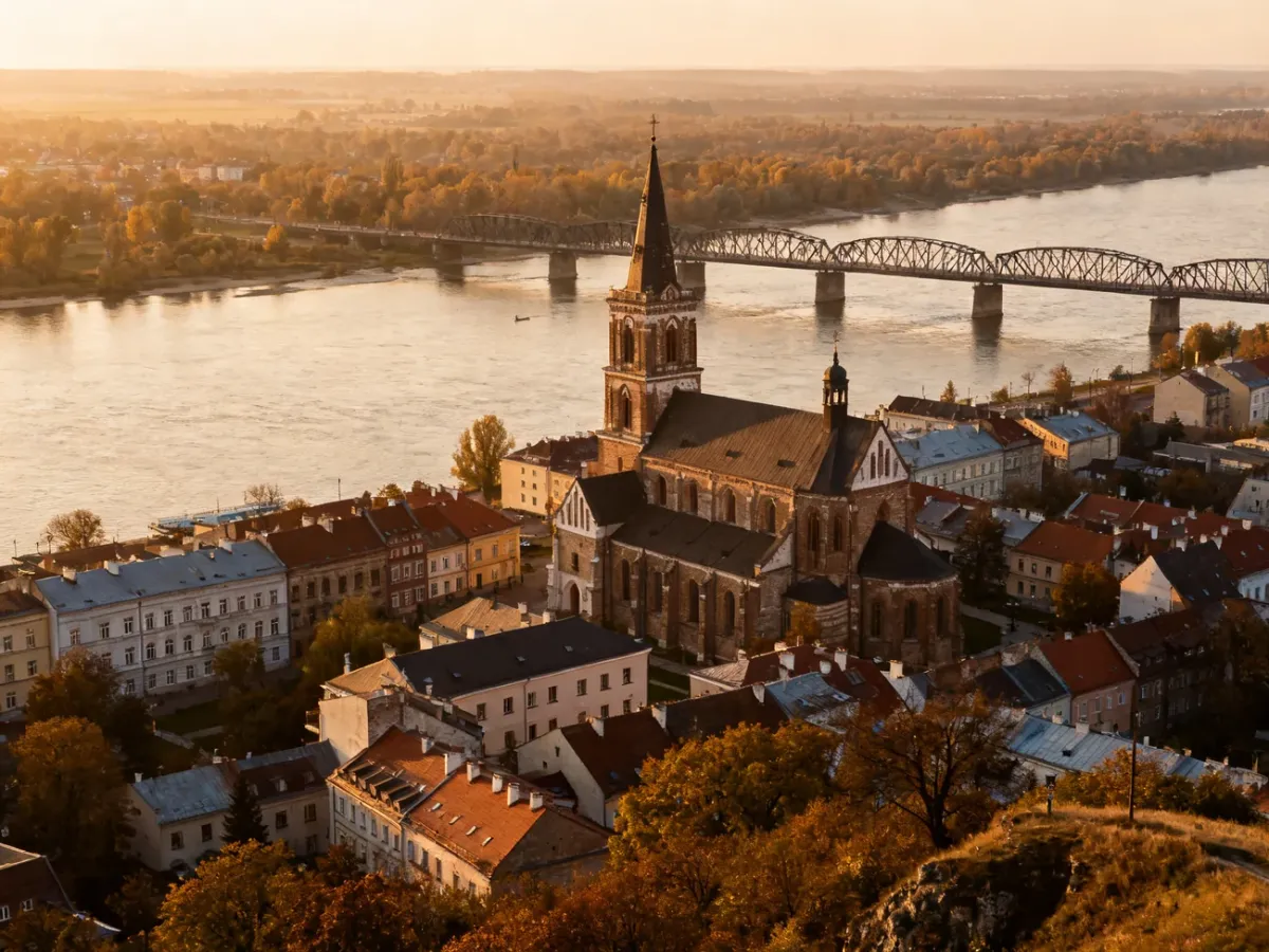 Panorama Wisły i mostu oglądana ze Wzgórza Tumskiego w Płocku