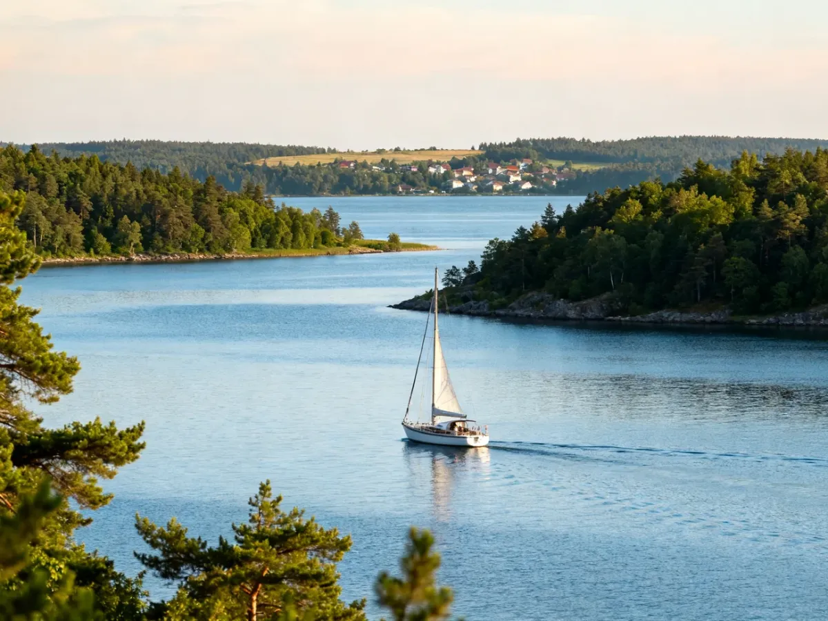 Panoramic view of the Masurian Lakes with a sailboat and forested shores