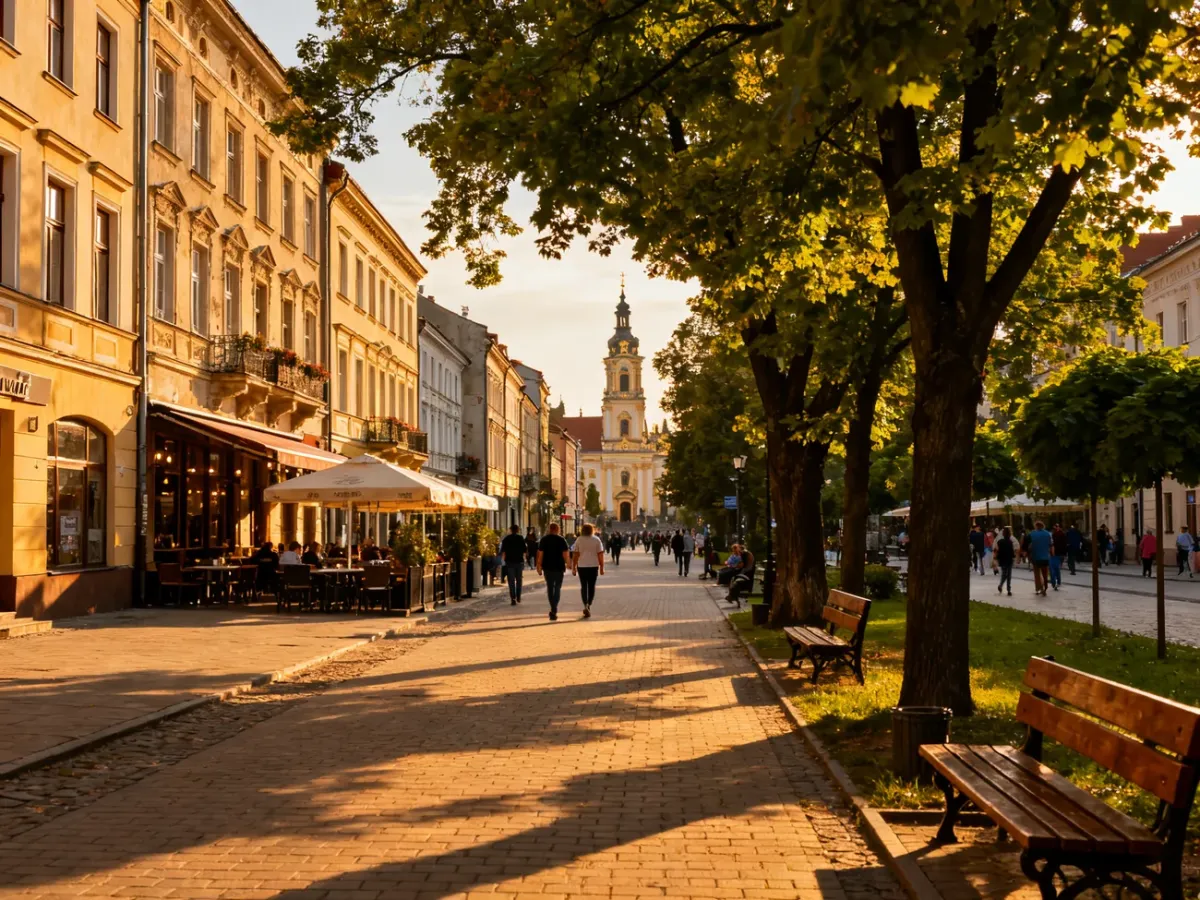 Spacerowa Aleja Najświętszej Maryi Panny w Częstochowie z kamienicami i widokiem na Jasną Górę