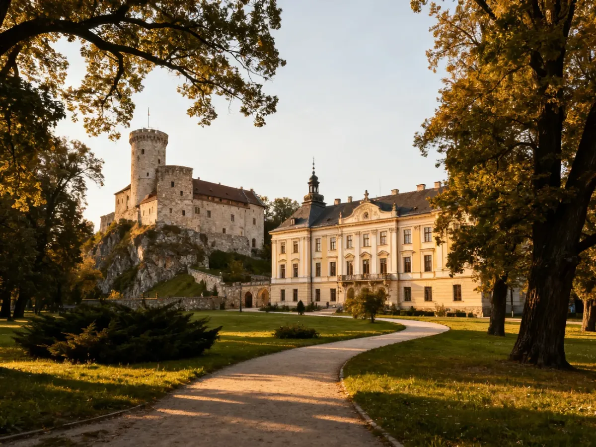 Kompleks zamkowy w Żywcu otoczony zielenią Parku Zamkowego