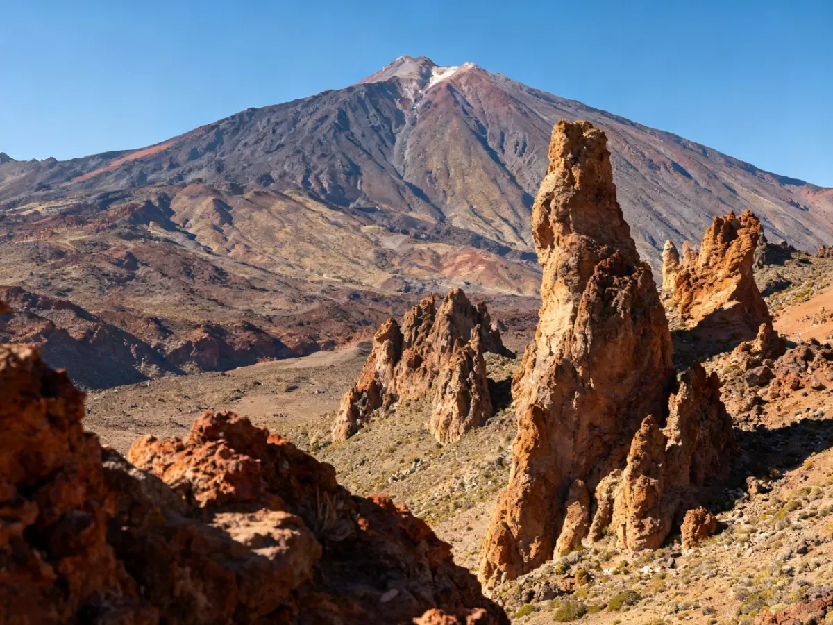 Panoramic view of Mount Teide and volcanic rock formations in the national park