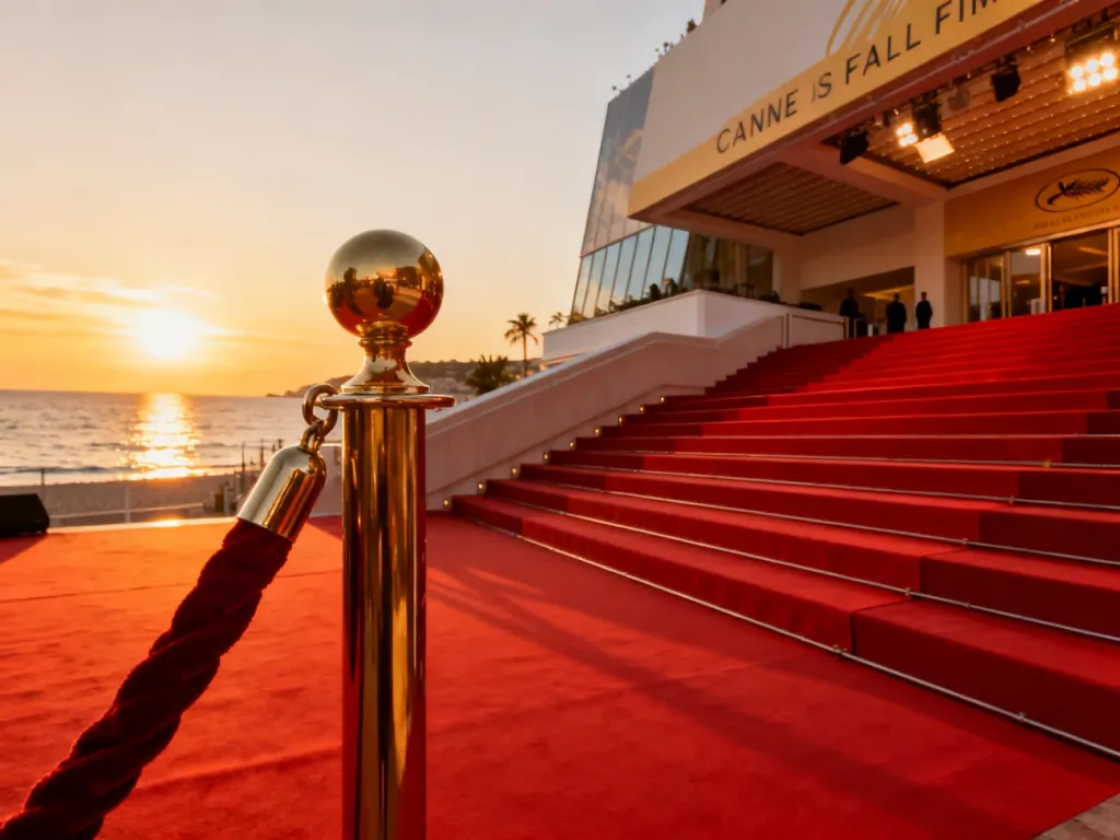 Słynne czerwone schody przed Palais des Festivals w Cannes o zachodzie słońca z widokiem na Morze Śródziemne.