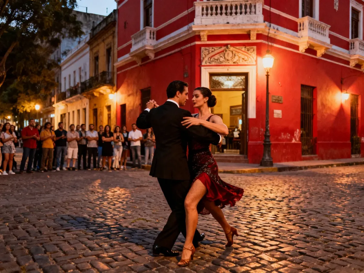 Tancerze tango podczas wieczornego pokazu na brukowanej ulicy San Telmo w Buenos Aires