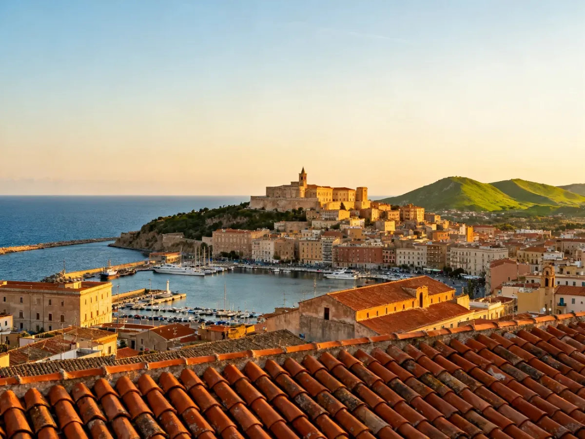 Panorama Cagliari z historyczną dzielnicą Castello, portem i Morzem Śródziemnym