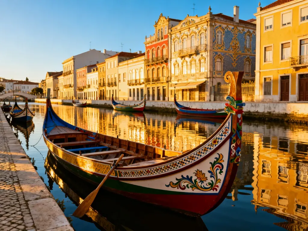 Kolorowe łodzie moliceiros na kanale w Aveiro, z tradycyjnymi zdobieniami i zabytkową architekturą w tle.
