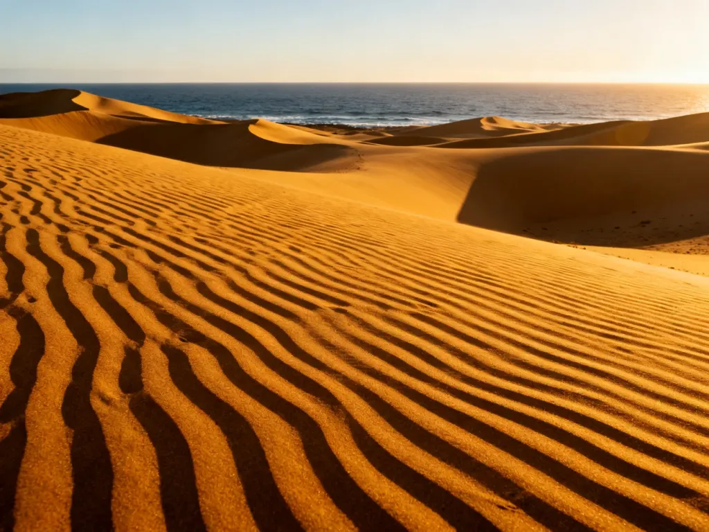 Wydmy w Maspalomas o zachodzie słońca z widokiem na Ocean Atlantycki. Złocisty piasek tworzy malowniczy krajobraz wyspy.