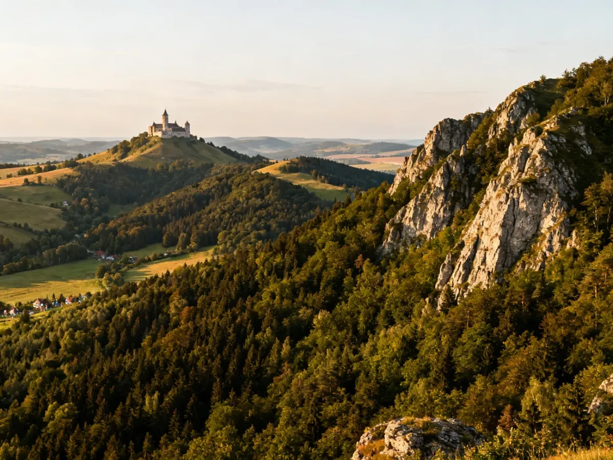 Panoramic view of the Świętokrzyskie region with forested hills and a medieval castle