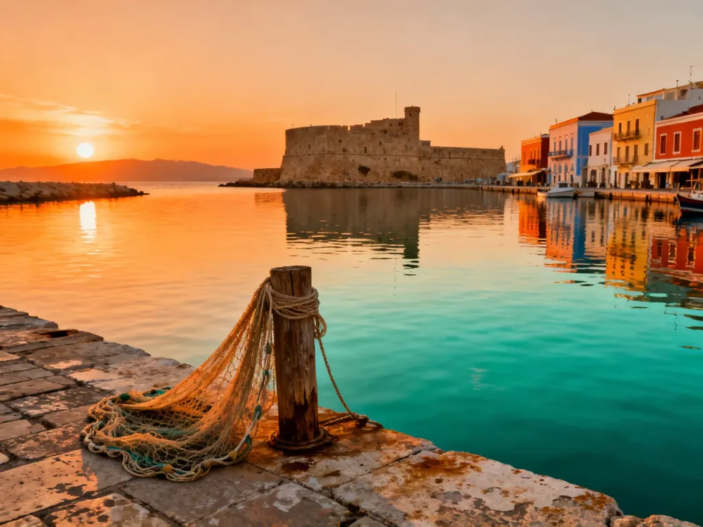 Wenecki port w Rethymno o zachodzie słońca z widokiem na twierdzę Fortezza i odbijające się w wodzie kolorowe kamienice.