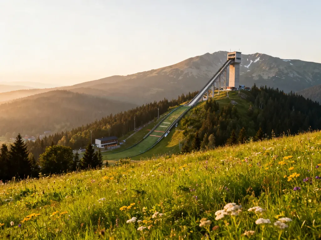 Panoramiczny widok na skocznię narciarską w Harrachovie na tle Karkonoszy w ciepłym świetle poranka.