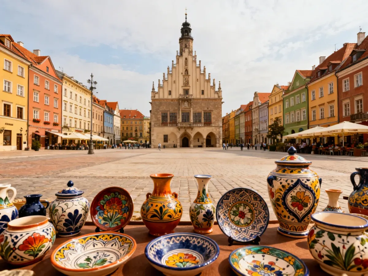 Rynek w Bolesławcu z zabytkowym Ratuszem i ceramicznymi wyrobami