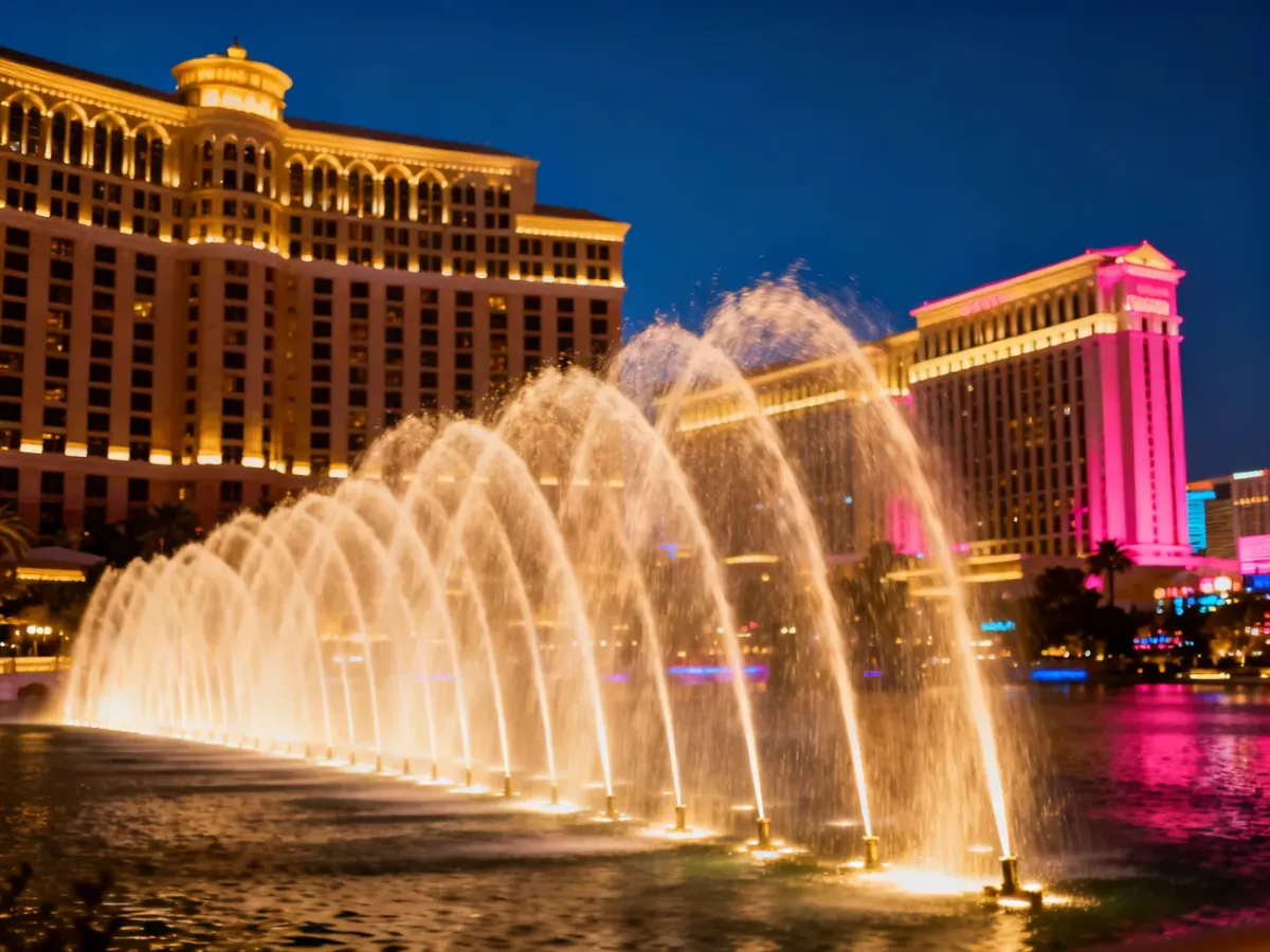Fontanny Bellagio na tle rozświetlonego Las Vegas Strip nocą