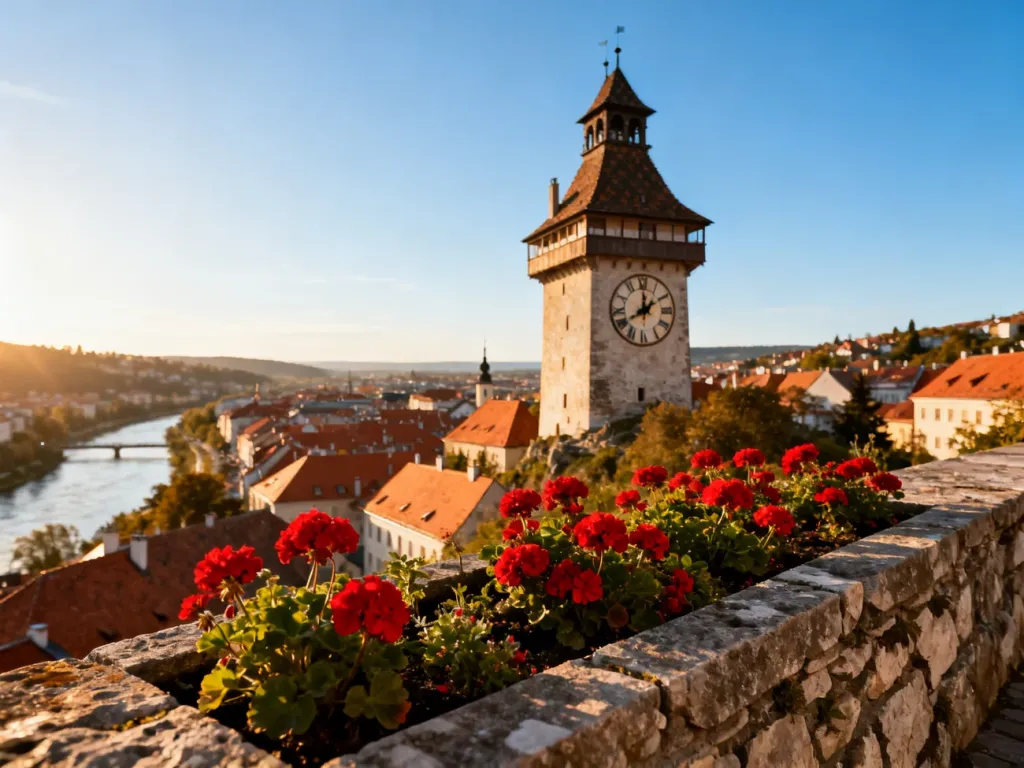 Zabytkowa wieża zegarowa Uhrturm na wzgórzu Schloßberg z widokiem na czerwone dachy starego miasta w Grazu.