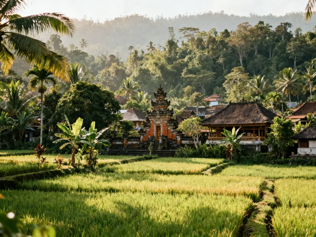 Spokojny krajobraz Ubud z balijską architekturą, zielenią i polami ryżowymi