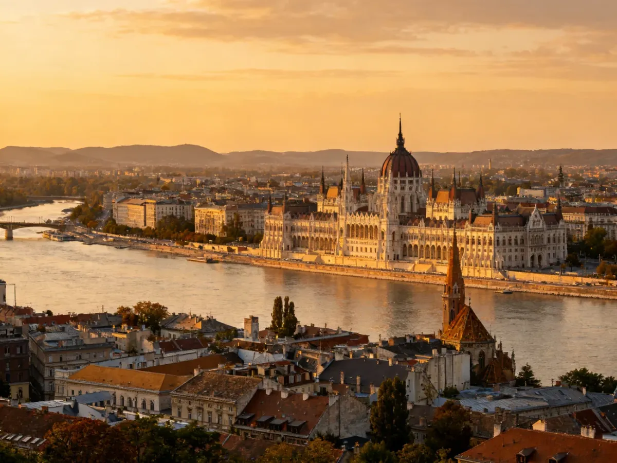 Panoramic widok Budapesztu nad Dunajem o zachodzie słońca