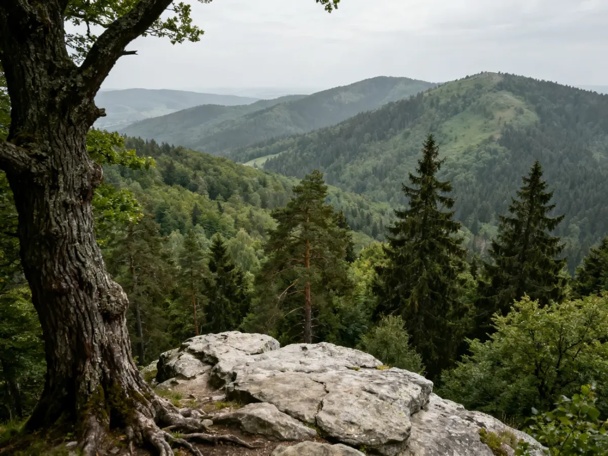 Panorama Gór Świętokrzyskich z leśnymi wzgórzami i skalistym gołoborzem