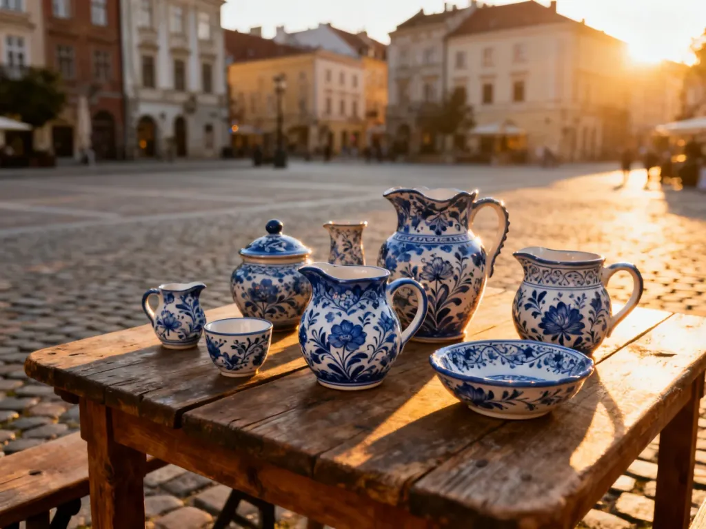 Tradycyjna ceramika bolesławiecka w niebieskie wzory na drewnianym stole, w tle malowniczy rynek miasta o zachodzie słońca.