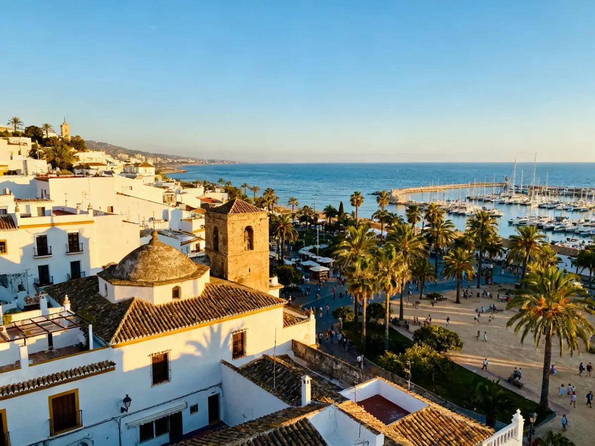 Panoramic view of Marbella with white Andalusian buildings, the Mediterranean coast, and palm trees